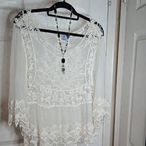 Chic Ivory Lace Blouse With Beautiful Necklace